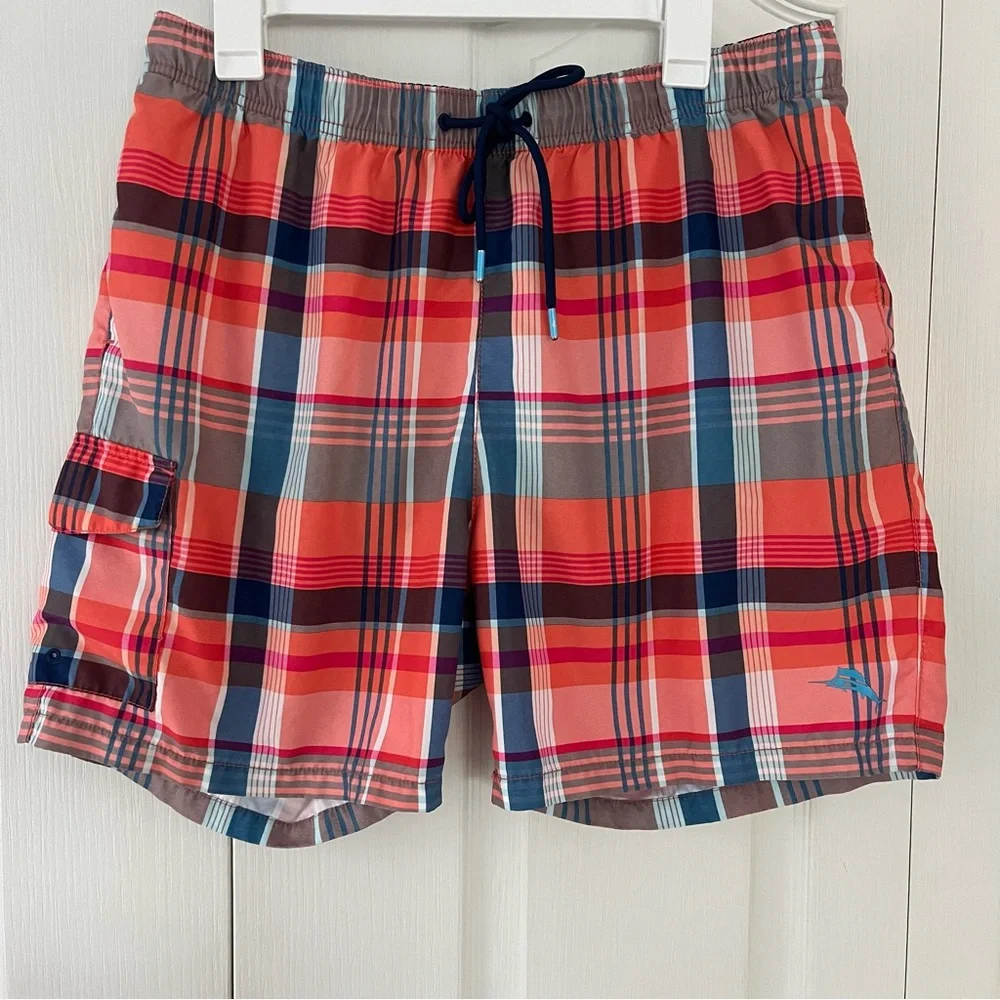 Tommy Bahama Swim Trunks Mens Large Plaid Lined Elastic Waist And Drawstring